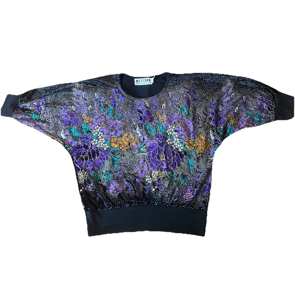 Vintage 80s Batwing Floral Embellished Purple  Gold Glitter Top Glam Retro